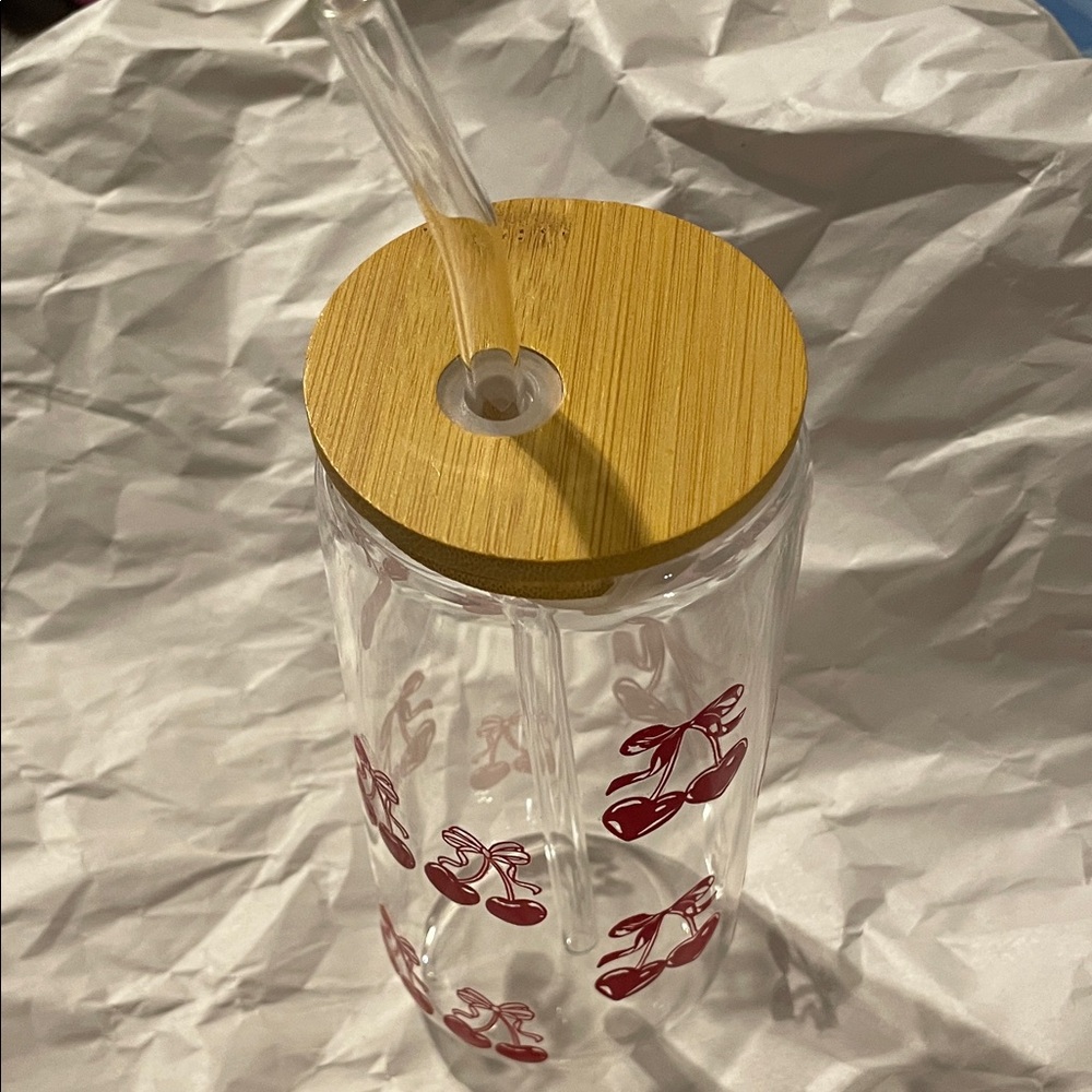 Cherry Print Glass Tumbler with Bamboo Lid and Straw